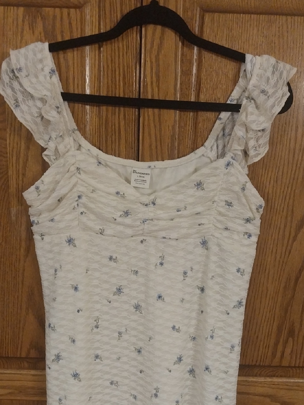 Double Ruffle Ruched NWT Mini Dress Size Large 12/14 White Blue Floral Lace